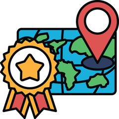 A map with a red pin on it and a gold star