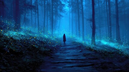 Fototapeta premium Mystical night forest path, glowing flora