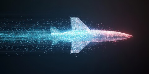 A digital, futuristic illustration of a jet fighter plane composed of glowing blue and red pixels against a dark background.