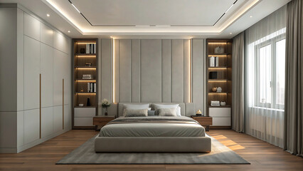 Modern luxury bedroom with built in wardrobes and ambient lighting