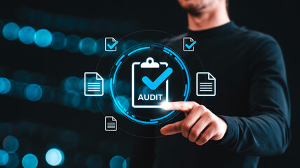 A digital illustration of audit and documentation, featuring documents, charts, and icons on dark background with blue bokeh