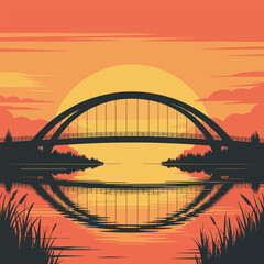 Obraz premium Sunset Bridge Landscape Vector Illustration Serene Scenery Art