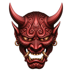 Fototapeta premium japanese oni mask with red horns and fangs, a fearsome demon face symbolizing evil and power isolated on transparent background