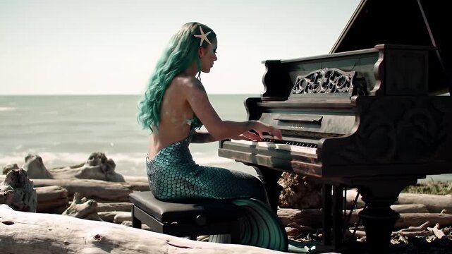 Woman with Aqua Hair and Mermaid Tail Playing Piano on a Log Strewn Beach With Ocean View Under Bright Daylight