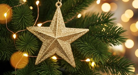 Christmas tree star ornament lights bokeh holiday season festive decoration background wallpaper design