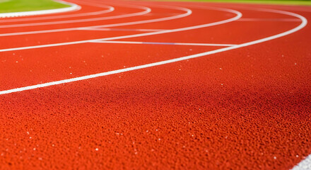 Close up of a red running track with white lane lines curving into the distance