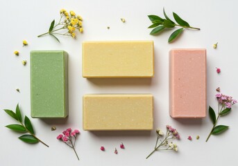 Natural soaps surrounded by delicate flowers and green leaves