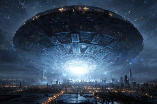 Futuristic Cityscape with Alien Invasion.