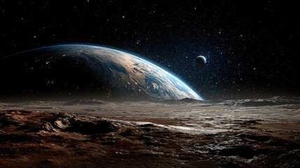 Fototapeta premium Earth rising over Martian landscape
