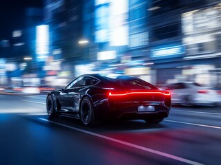 Capturing the exhilarating blur of a sleek sports car navigating a neon-lit city street at night creating a sense of speed and urban dynamism