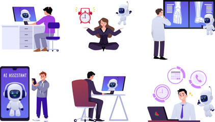 Office employees with computer, smartphone working with chat bot, AI robotic assistance vector flat illustrations set
