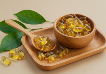 Healthy omega 3 fish oil capsules in wooden bowl and spoon