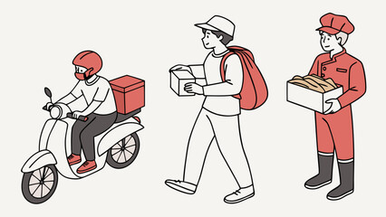 Cute Delivery Workers Illustration: Scooter Rider, Backpack Delivery Person, and Uniform Delivery Man in Simple Line Art Style