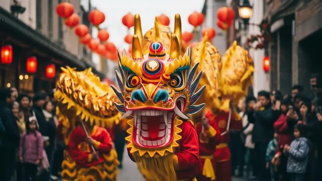Colorful Dragon Dancing In A Street Parade With Red Lanterns And A Crowd Celebrating The Chinese New Year
