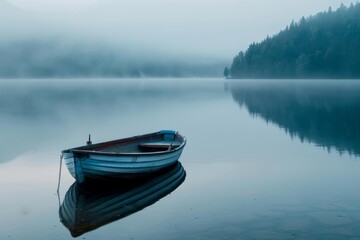 Naklejka premium Serene morning mist envelops a tranquil lake, reflecting a lone wooden boat and distant forest