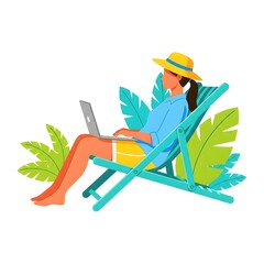 woman in beach using laptop 