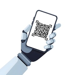 robot hand holding mobile phone with qr code