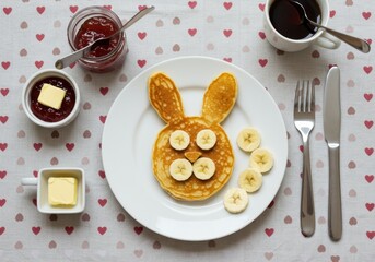 Adorable bunny shaped pancake breakfast with fruit and jam
