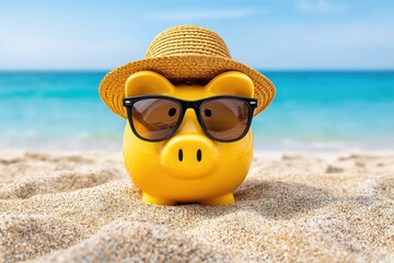 Piggy bank with sunglasses on tropical beach
