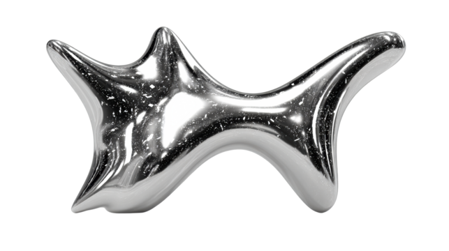 Abstract sculpture with shiny metallic finish on clear backdrop