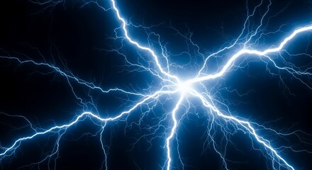 Blue Lightning Strike Electrical Discharge Against Dark Background