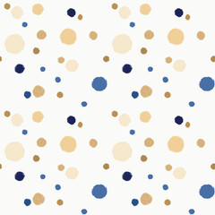 Modern abstract seamless pattern with hand-painted polka dots. Decorative background with blue and beige watercolor circles for fabric or wallpaper design.