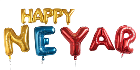 Photo of golden, blue, and red foil balloons spell out happy new year in a festive studio shot against a clean transparent background