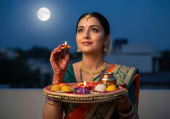 Beautiful Indian Woman in Sari Performing Diwali Puja Ritual at Night