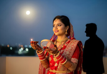 Beautiful Indian Bride in Red Lehenga Performing Karwa Chauth Ritual under the Moonlit Night