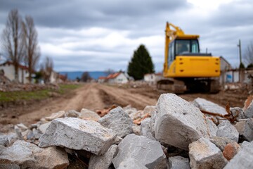 Obraz premium Yellow bulldozer near rubble in residential demolition site