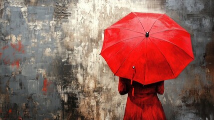 Woman in red coat and red umbrella against textured wall.
