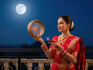 Beautiful Woman in Red Saree Celebrating Karwa Chauth Festival at Night