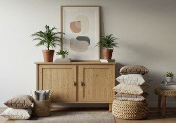 Cozy living room corner with wooden cabinet and stacked pillows