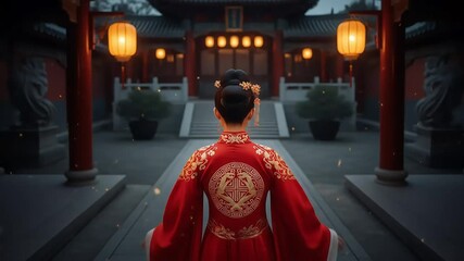 Woman In Traditional Clothing At An Ancient Temple Courtyard At Dusk - Powered by Adobe