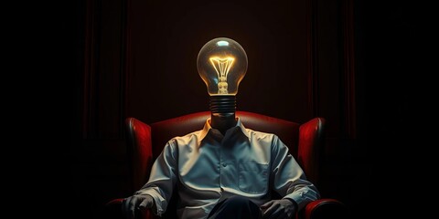 A figure seated in a chair, illuminated head resembling a light bulb,  background,  object