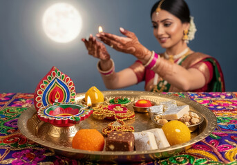 Indian Woman Performing Diwali Puja Ritual with Sweets and Diya