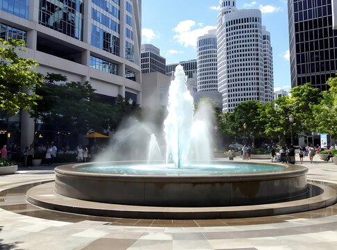 Sunlit Plaza Fountain with Concrete Basin and Modern Architecture