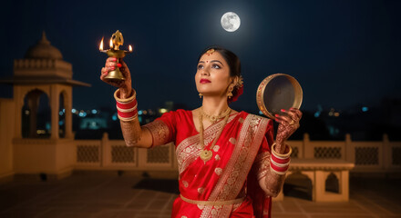 Beautiful Indian Bride in Red Sari Performing Karwa Chauth Ritual Under the Moonlit Night