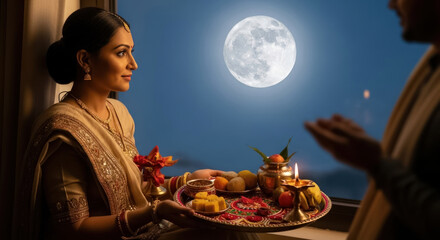 Beautiful Woman in Traditional Indian Sari Celebrates Full Moon Festival at Night with Puja Thali