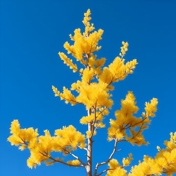 yellow tamarack larch tree in autumn against blue sky