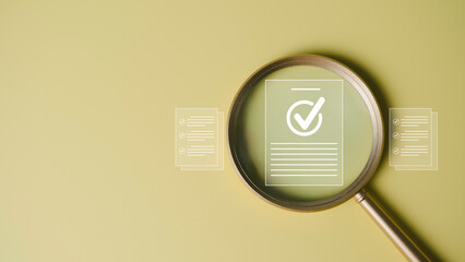 Magnifying glass focusing on approved document with checklist icon, symbolizing document quality control, verification, and approval process with copy space.