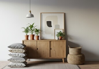 Modern living room sideboard with plants and artwork