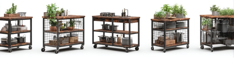 Industrial-style wooden kitchen carts with three tiers and wire baskets