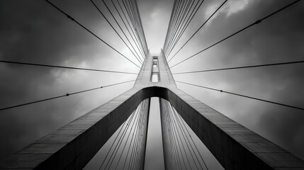 A tall bridge tower and cables ascend, monochrome, under a moody, clouded sky view