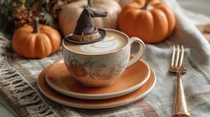 Fototapeta premium Cozy Autumn Coffee Scene with Pumpkin Decorations and a Tiny Witch Hat on a Latte for Seasonal Warmth and Comfort