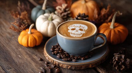 Cozy autumn coffee scene featuring pumpkin decor and a beautifully designed sugar skull latte art on rustic wooden surface with coffee beans