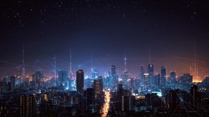 Fototapeta premium Night view of a vibrant urban city skyline with connected digital networks and glowing lights under a starry sky, showcasing technological advancement and innovation