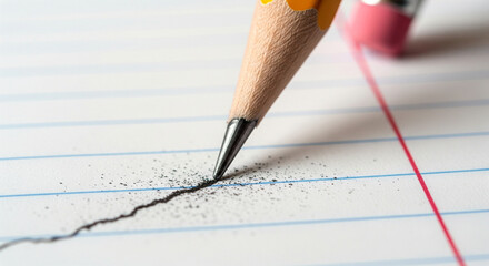Pencil tip drawing a line on paper, creative writing and education concept