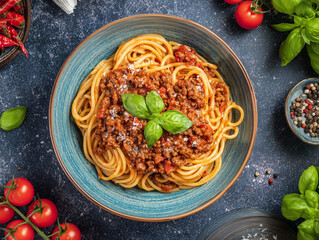 Delicious spaghetti bolognese with basil and parmesan on dark background