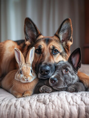 German shepherd, puppy and rabbit cuddling on bed
